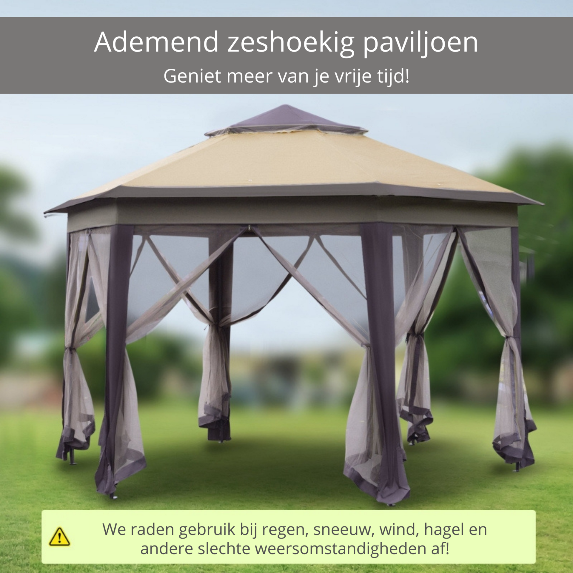 Zeshoekige partytent 4,05x4,05 m met mesh-wanden en bruin dak voor sfeervolle tuinmomenten