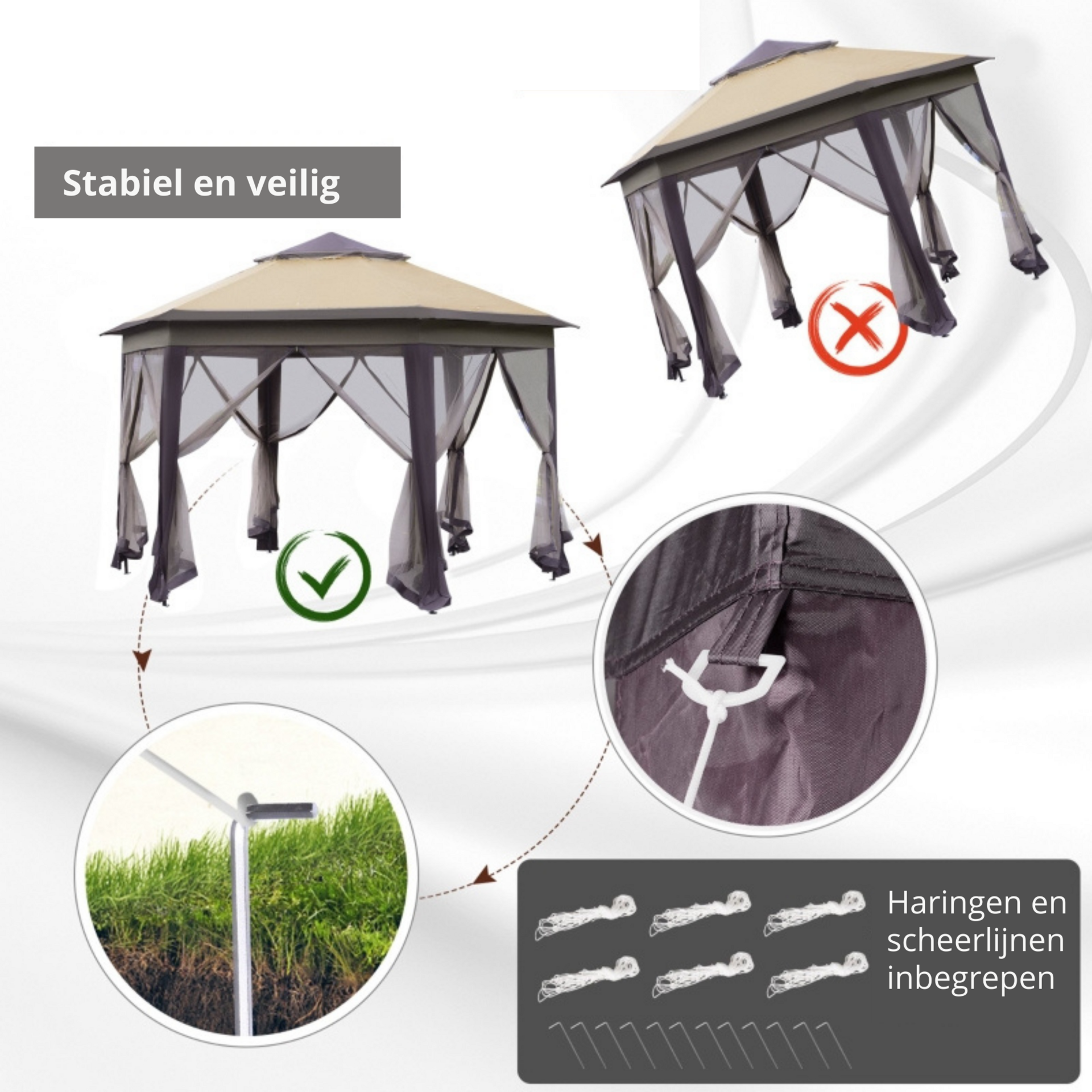Zeshoekige partytent 4,05x4,05 m met mesh-wanden en bruin dak voor sfeervolle tuinmomenten