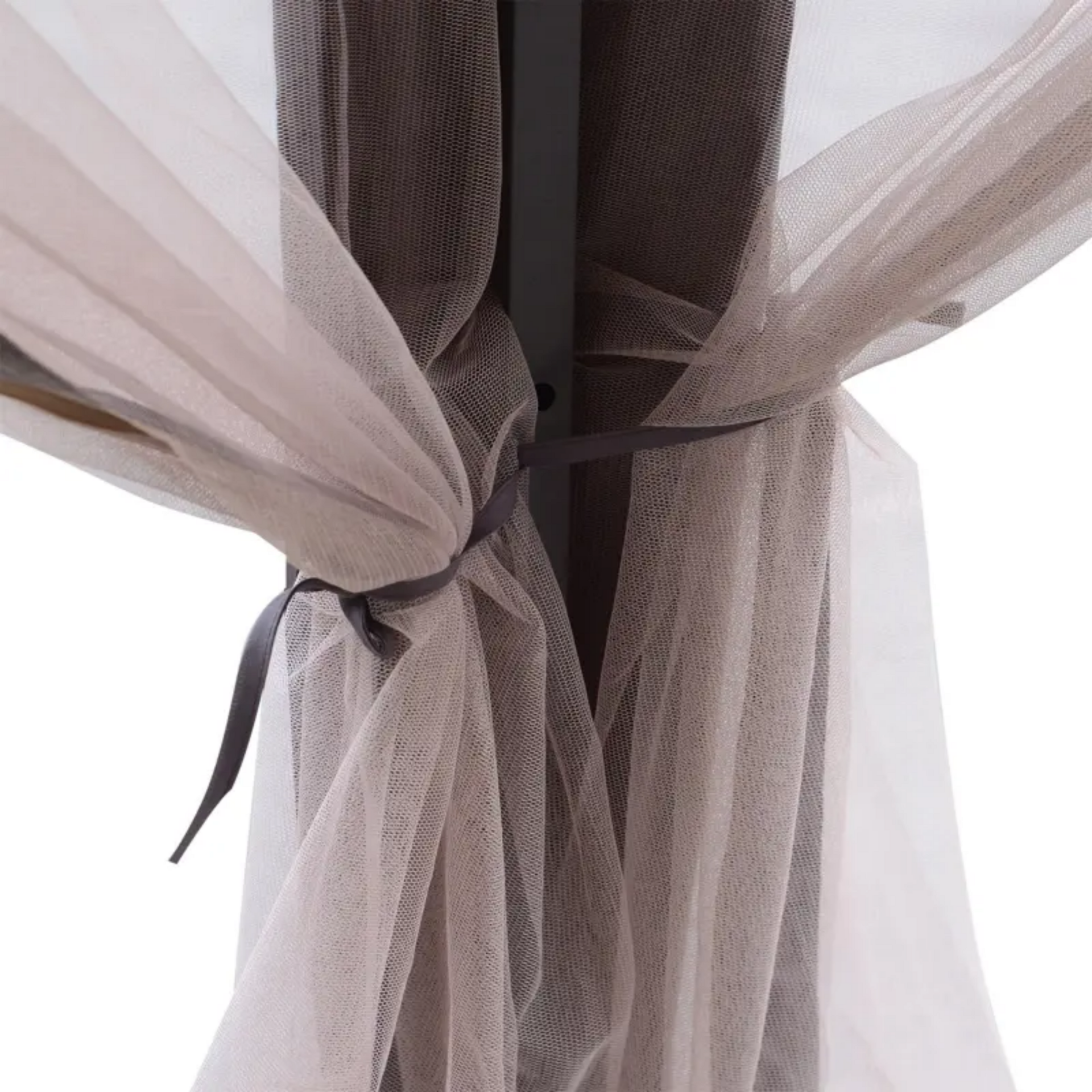 Zeshoekige partytent 4,05x4,05 m met mesh-wanden en bruin dak voor sfeervolle tuinmomenten
