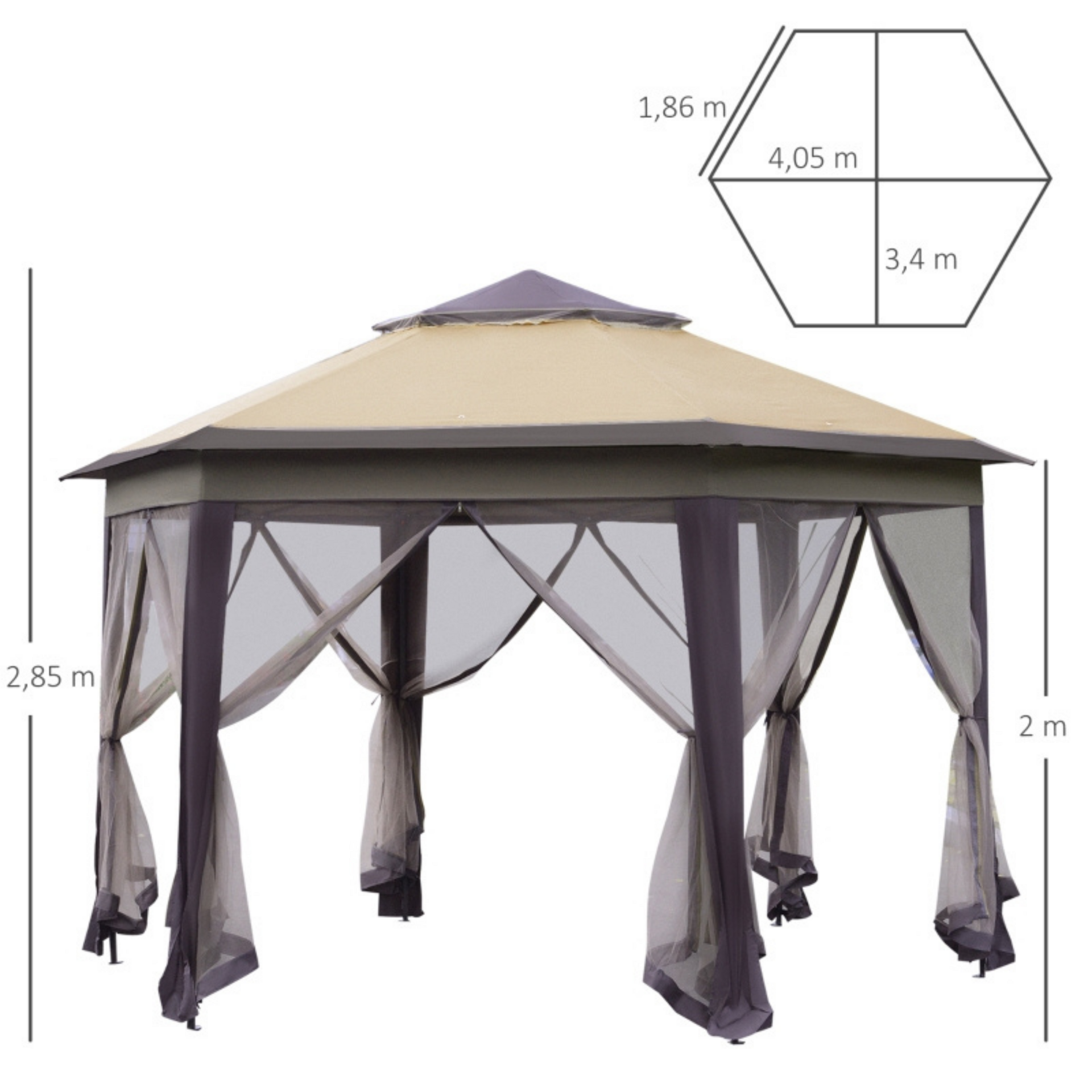 Zeshoekige partytent 4,05x4,05 m met mesh-wanden en bruin dak voor sfeervolle tuinmomenten