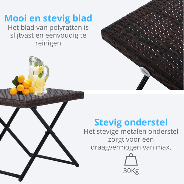 Compacte polyrattan bijzettafel 40x40x40 cm in bruin voor tuin, terras of balkon