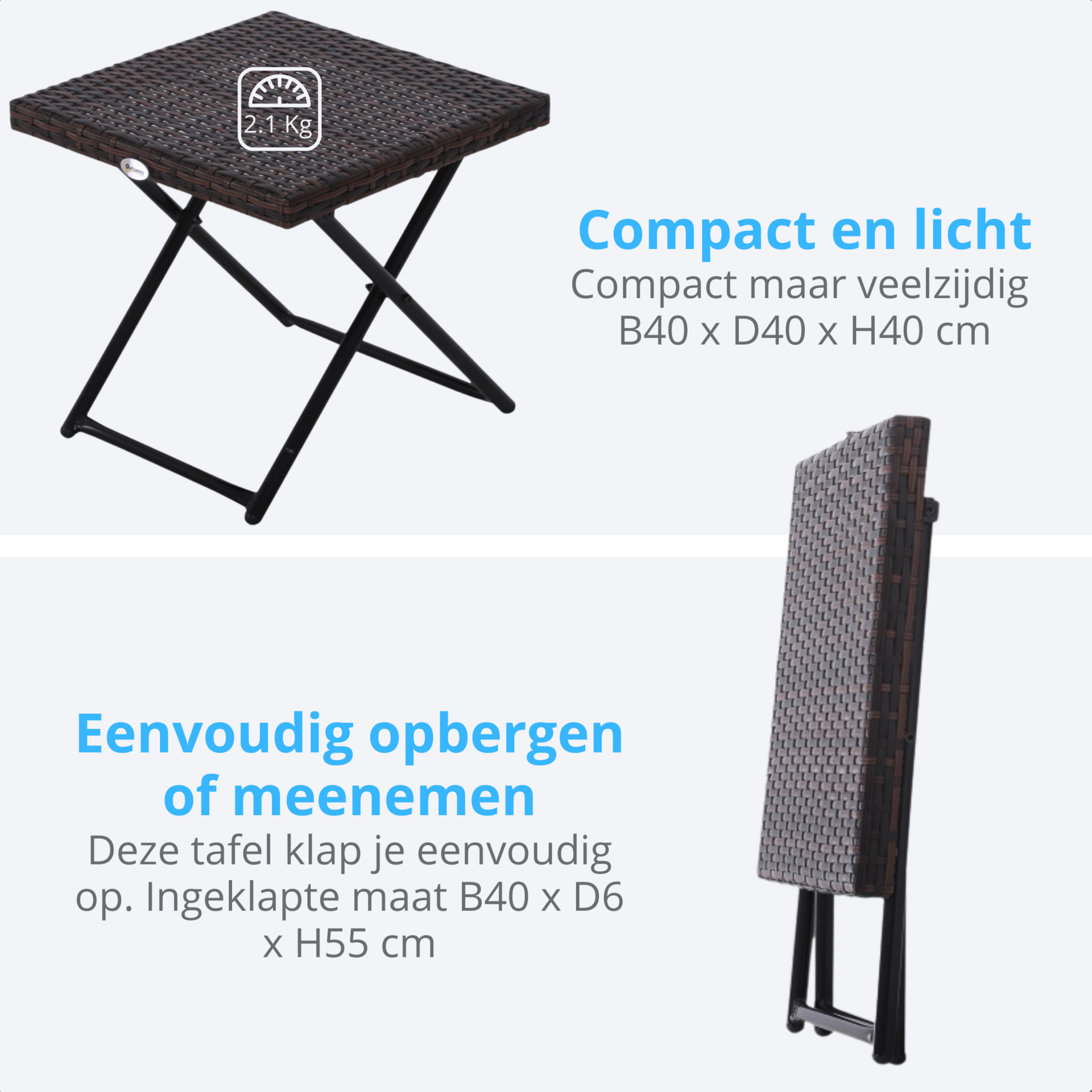 Compacte polyrattan bijzettafel 40x40x40 cm in bruin voor tuin, terras of balkon