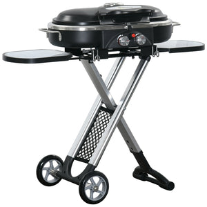 Gas BBQ met 2 branders – aluminium zwart/zilver 100×42×83 cm met inklapbare zijtafels en wielen voor mobiel gebruik