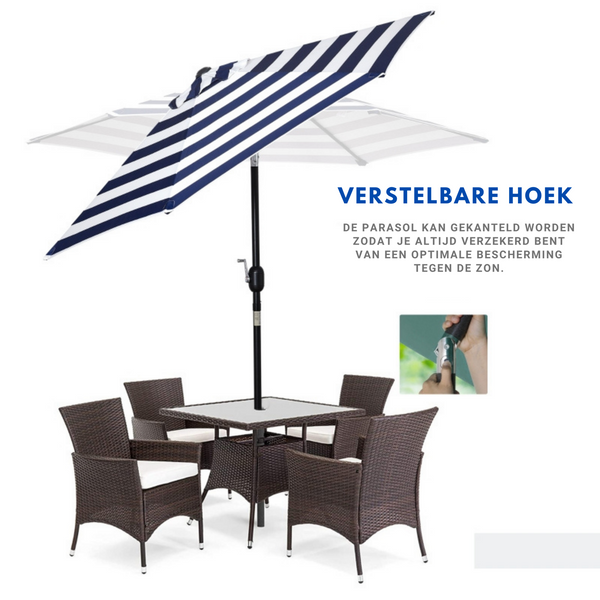 Stijlvolle blauwe balkon parasol Ø2,27x2,25m – Knikbaar en met handslinger
