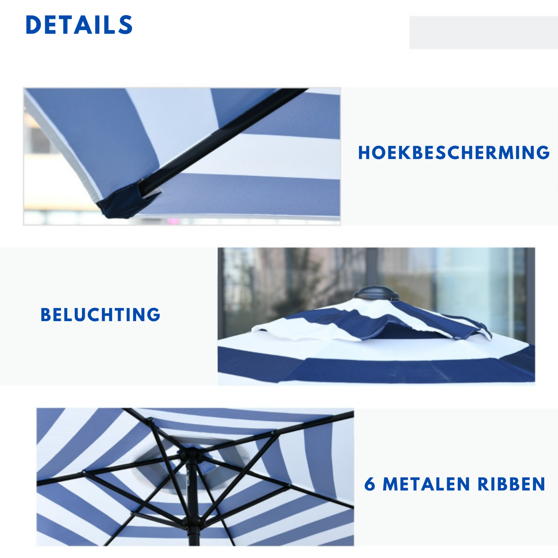 Stijlvolle blauwe balkon parasol Ø2,27x2,25m – Knikbaar en met handslinger