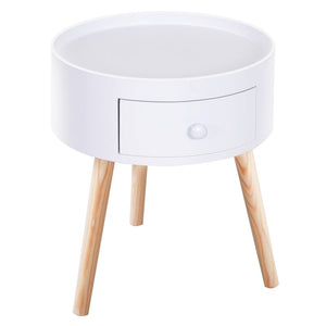 Ronde Bijzettafel met Lade – Witte Scandinavische Tafel met houten poten voor stijlvol gebruik in woon- of slaapkamer