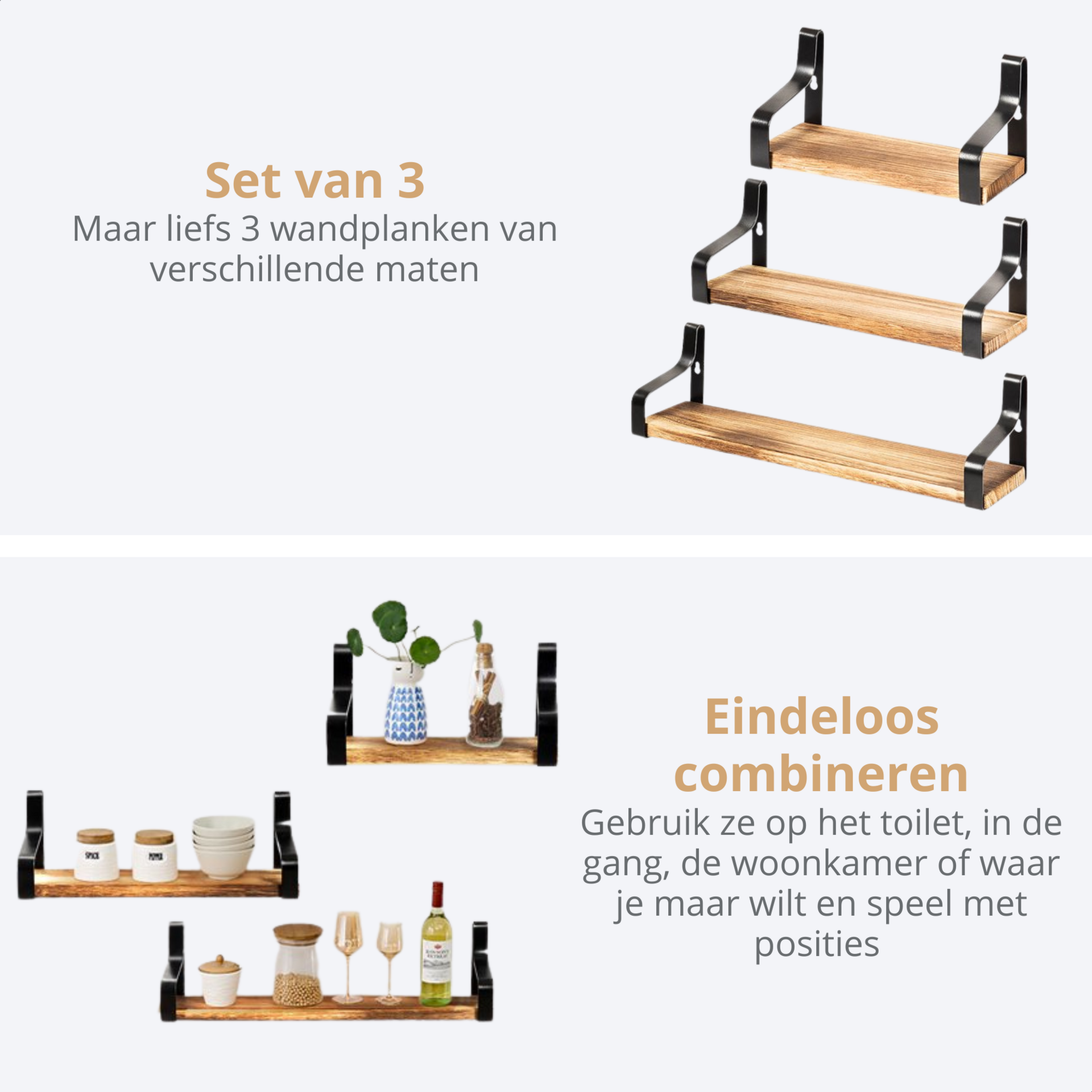 Industriële wandplanken set van 3 in hout en zwart staal voor stijlvol opbergen