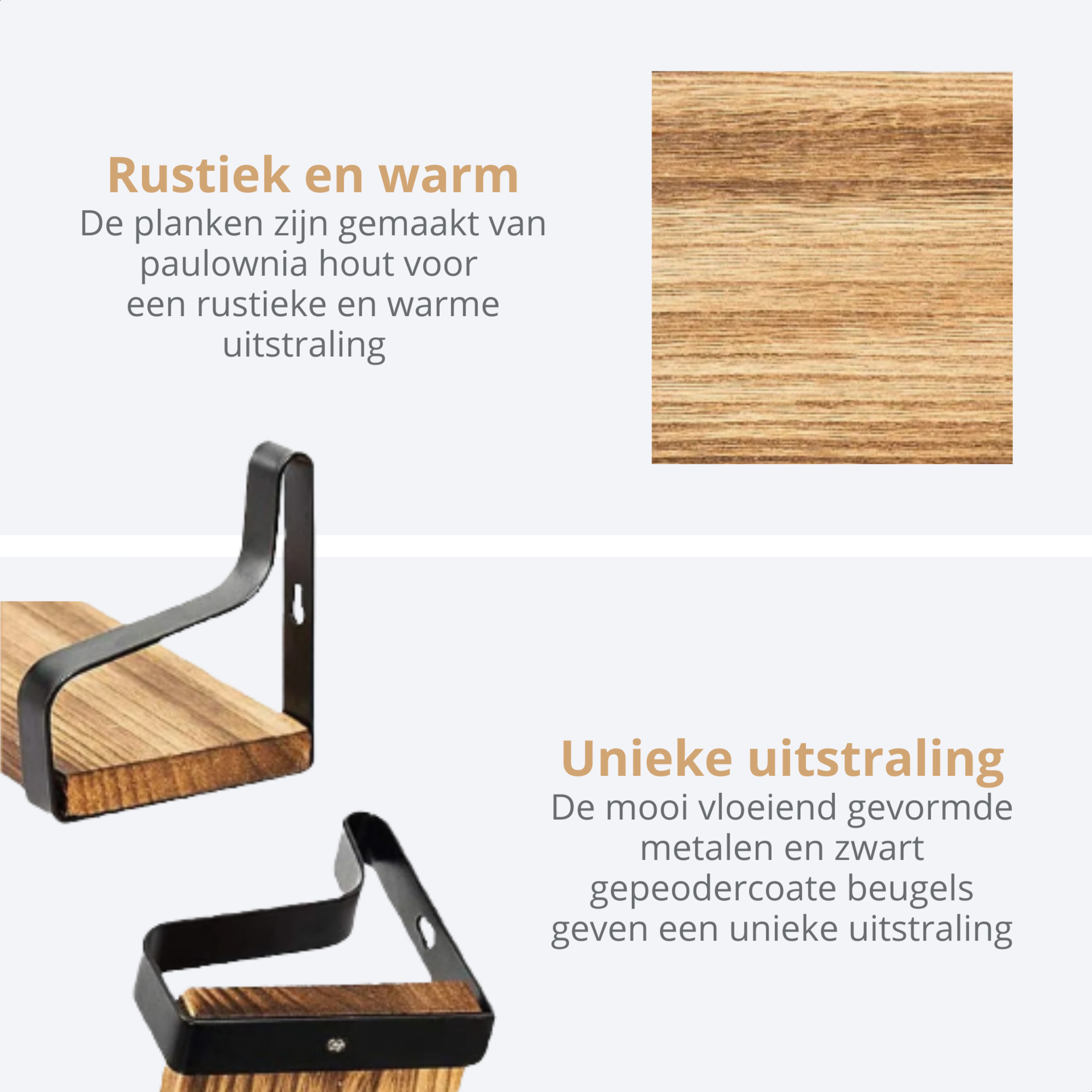 Industriële wandplanken set van 3 in hout en zwart staal voor stijlvol opbergen