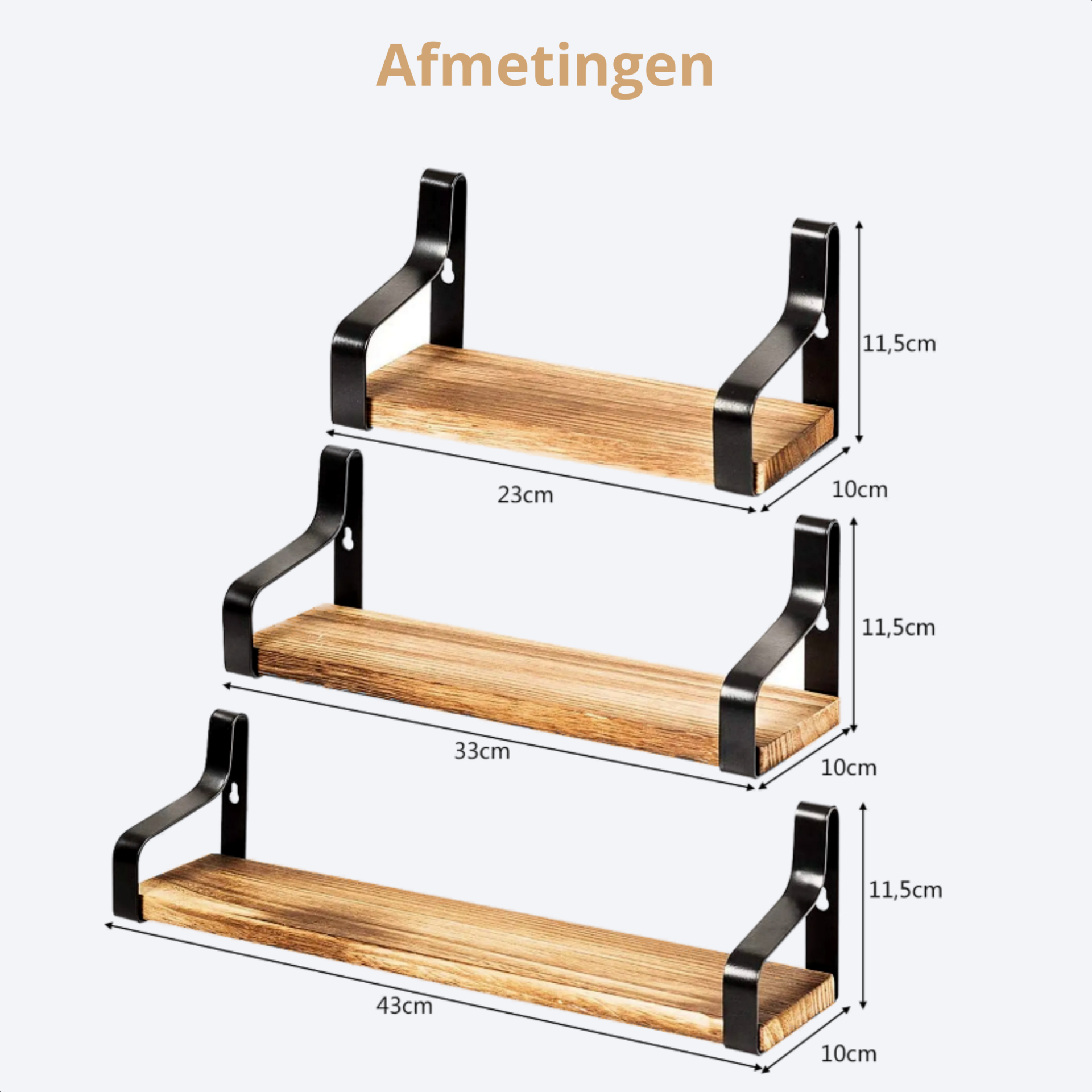 Industriële wandplanken set van 3 in hout en zwart staal voor stijlvol opbergen