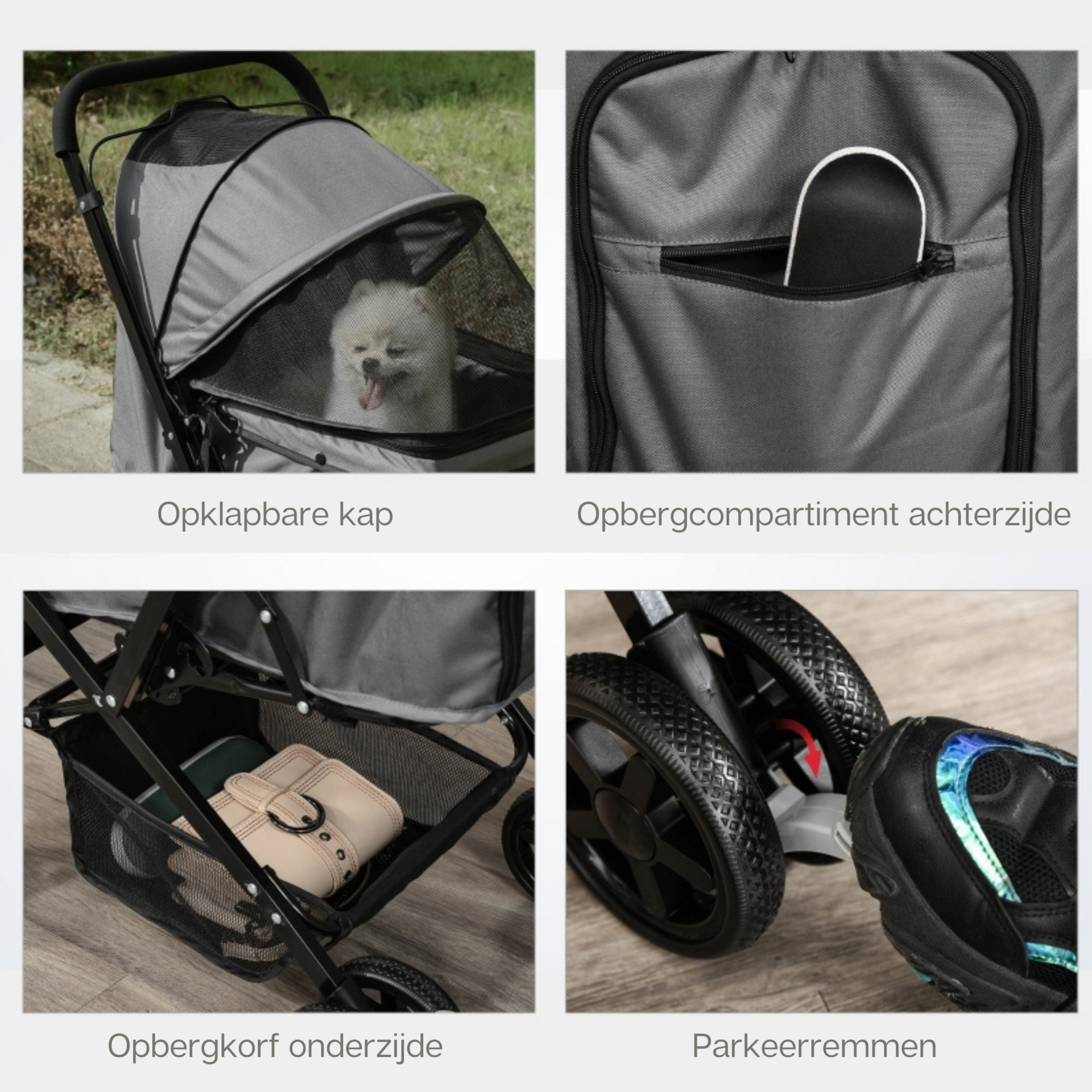 Opvouwbare hondenbuggy grijs met parkeerrem en ruime opbergruimte