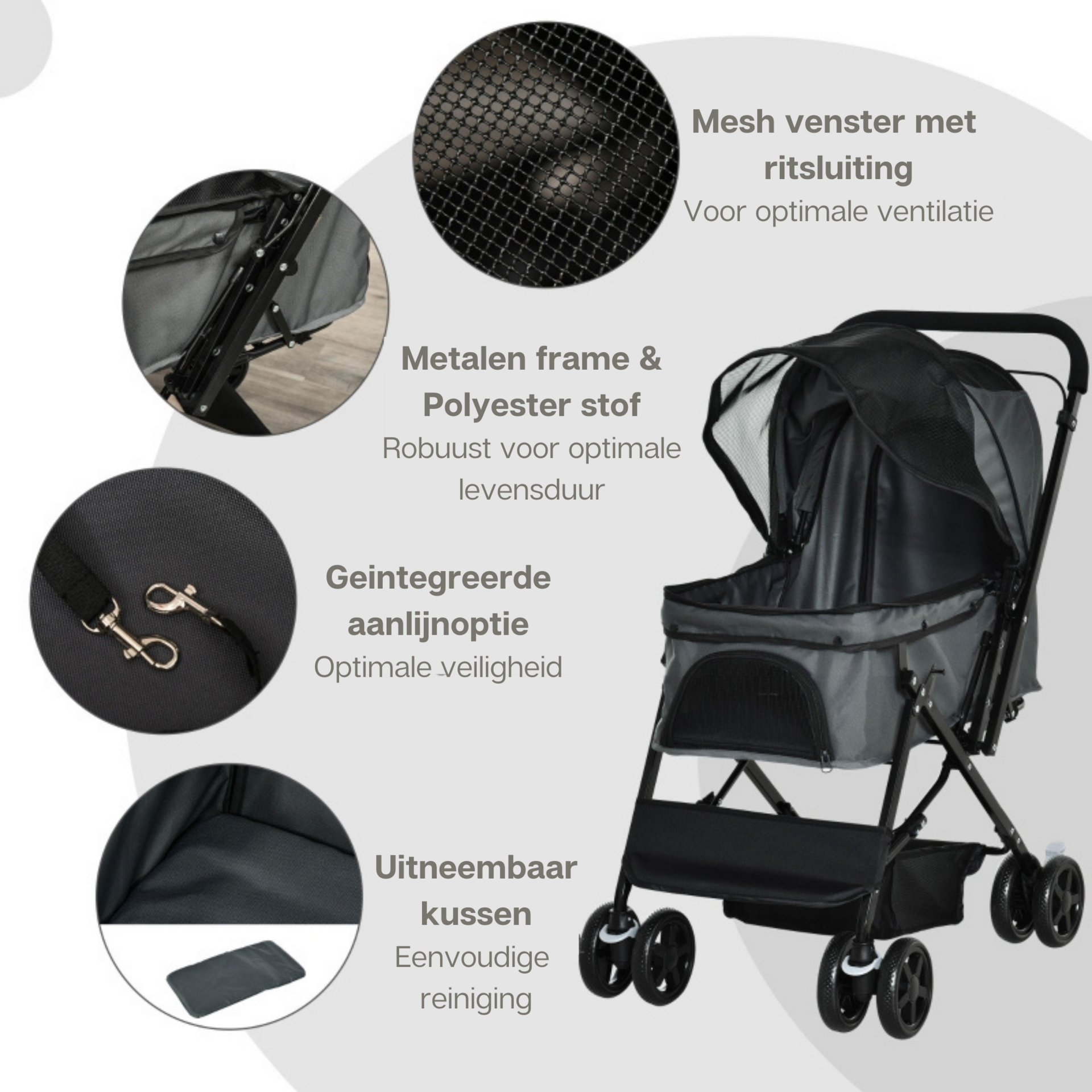 Opvouwbare hondenbuggy grijs met parkeerrem en ruime opbergruimte