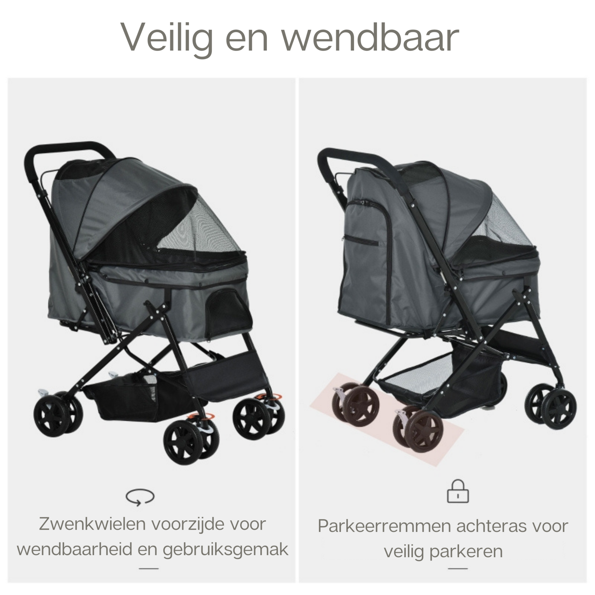 Opvouwbare hondenbuggy grijs met parkeerrem en ruime opbergruimte