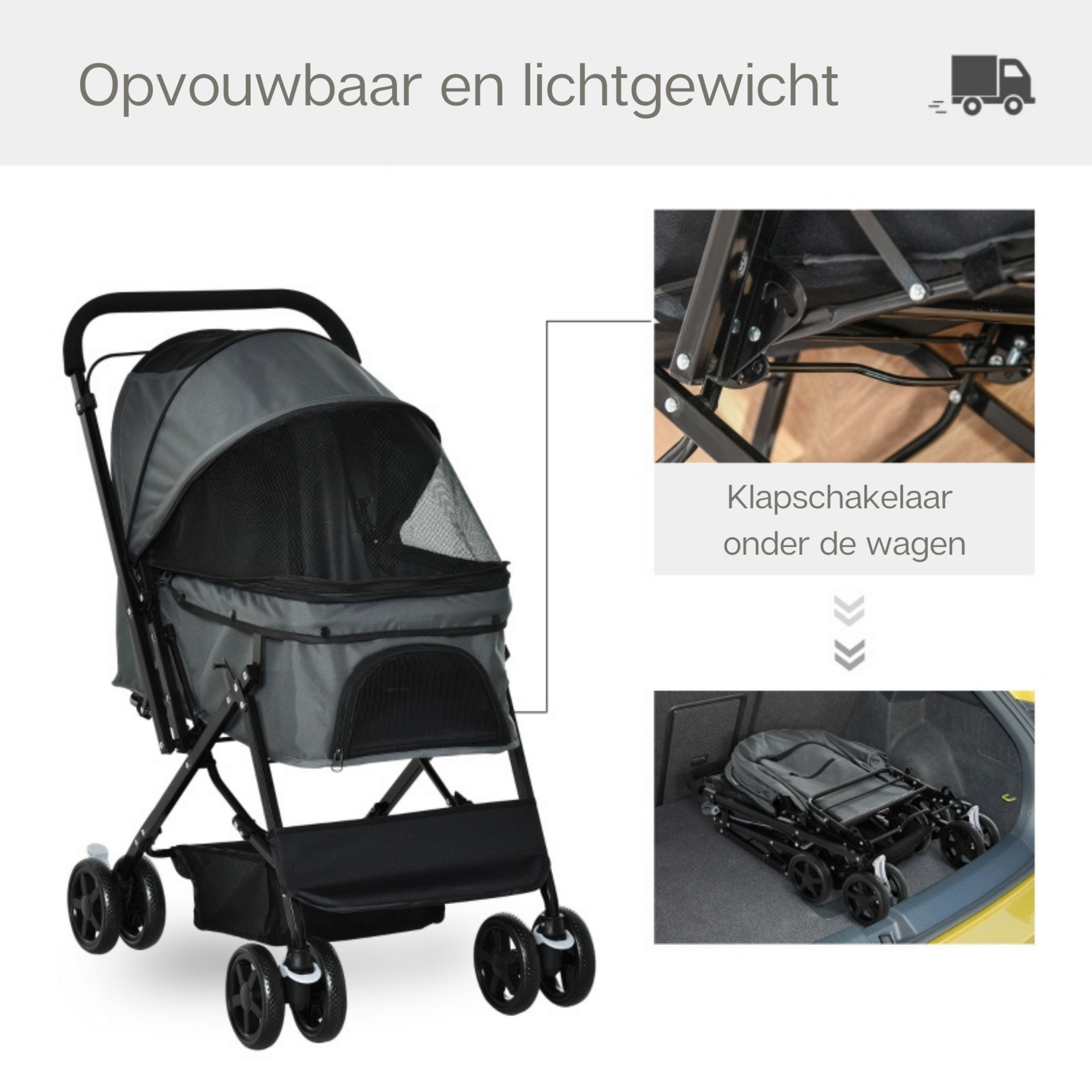 Opvouwbare hondenbuggy grijs met parkeerrem en ruime opbergruimte