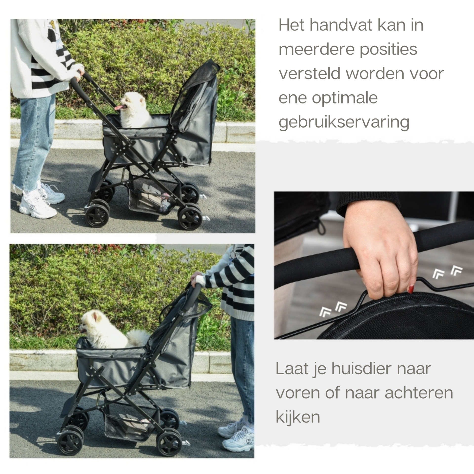 Opvouwbare hondenbuggy grijs met parkeerrem en ruime opbergruimte
