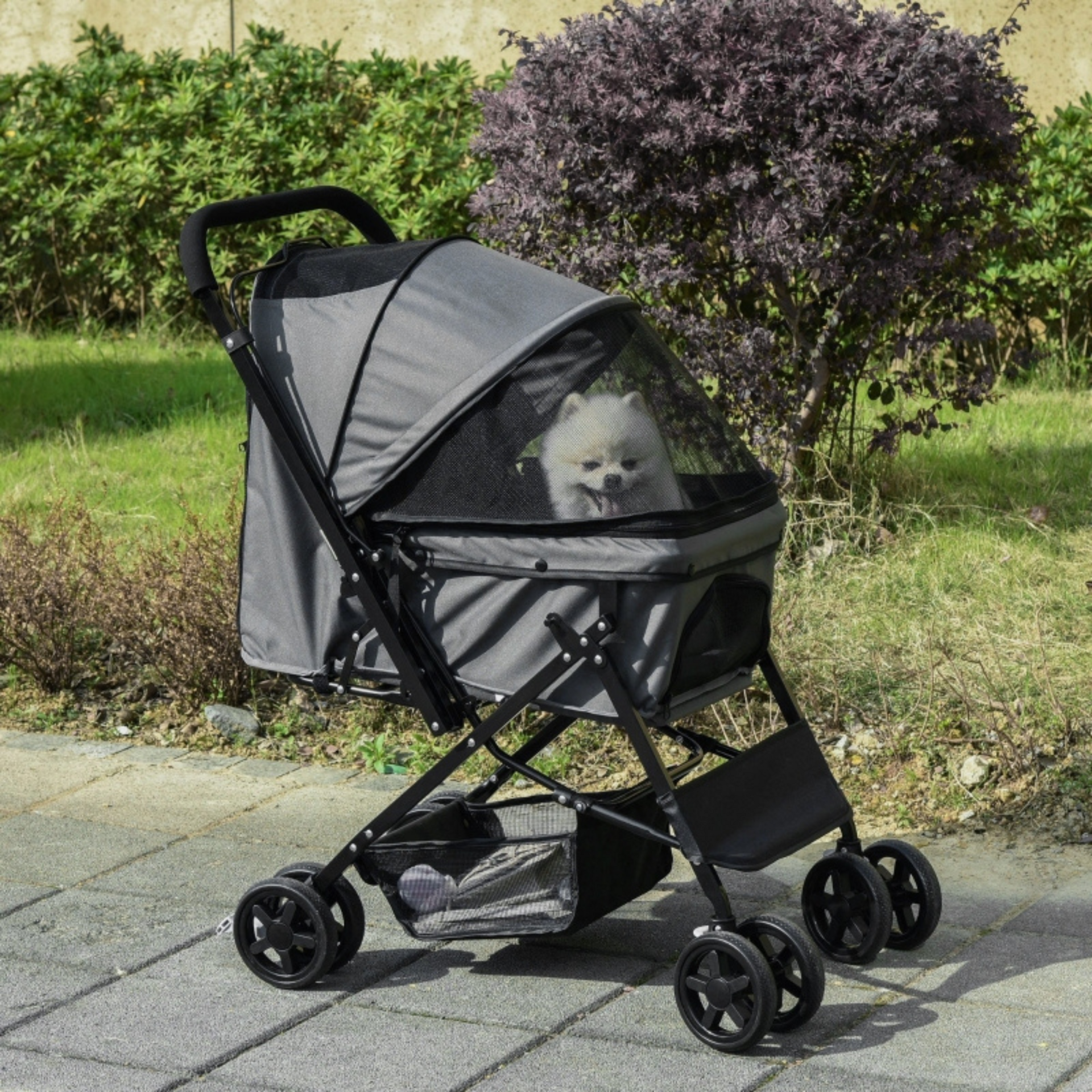 Opvouwbare hondenbuggy grijs met parkeerrem en ruime opbergruimte