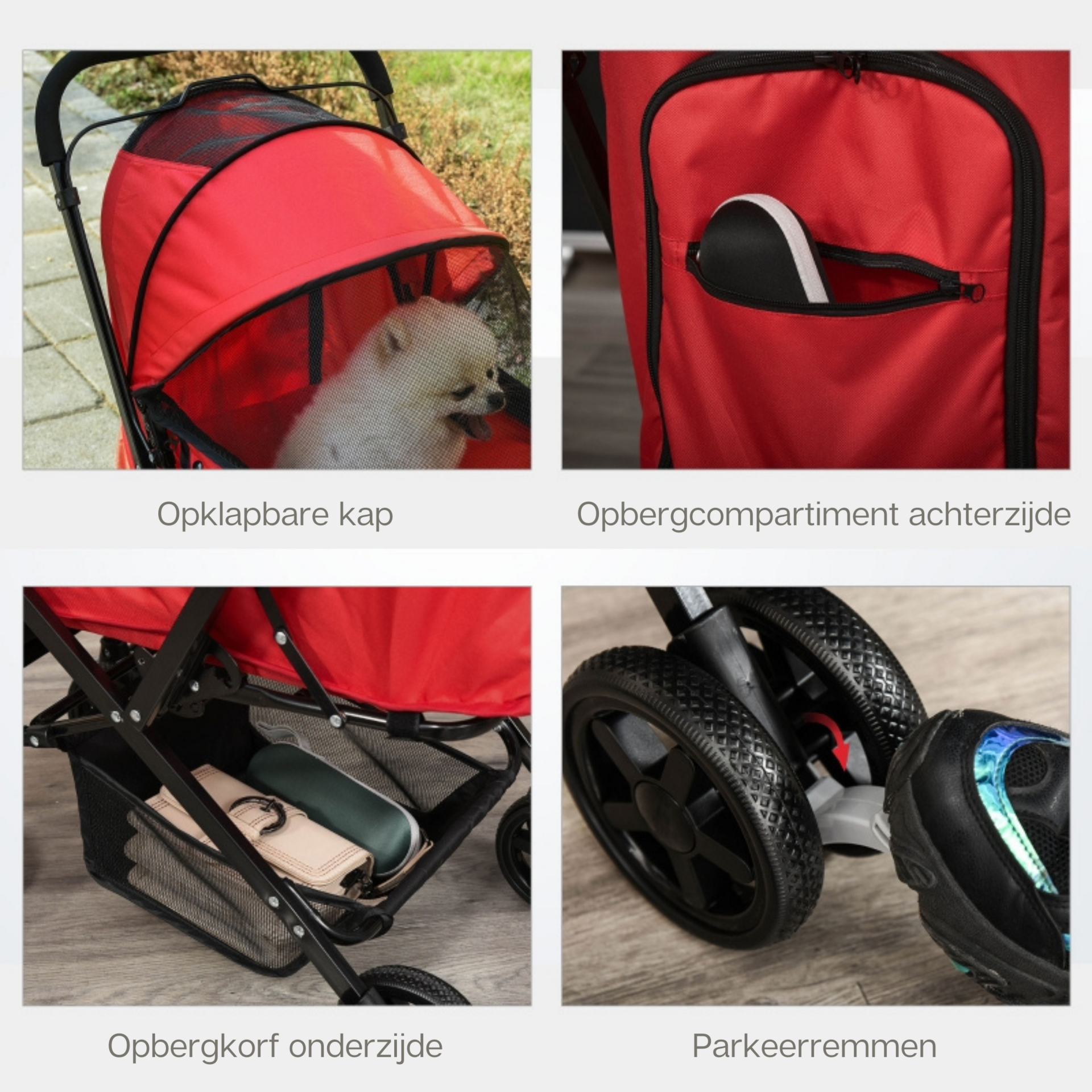 Opvouwbare rode hondenbuggy met parkeerrem en handige opbergruimte