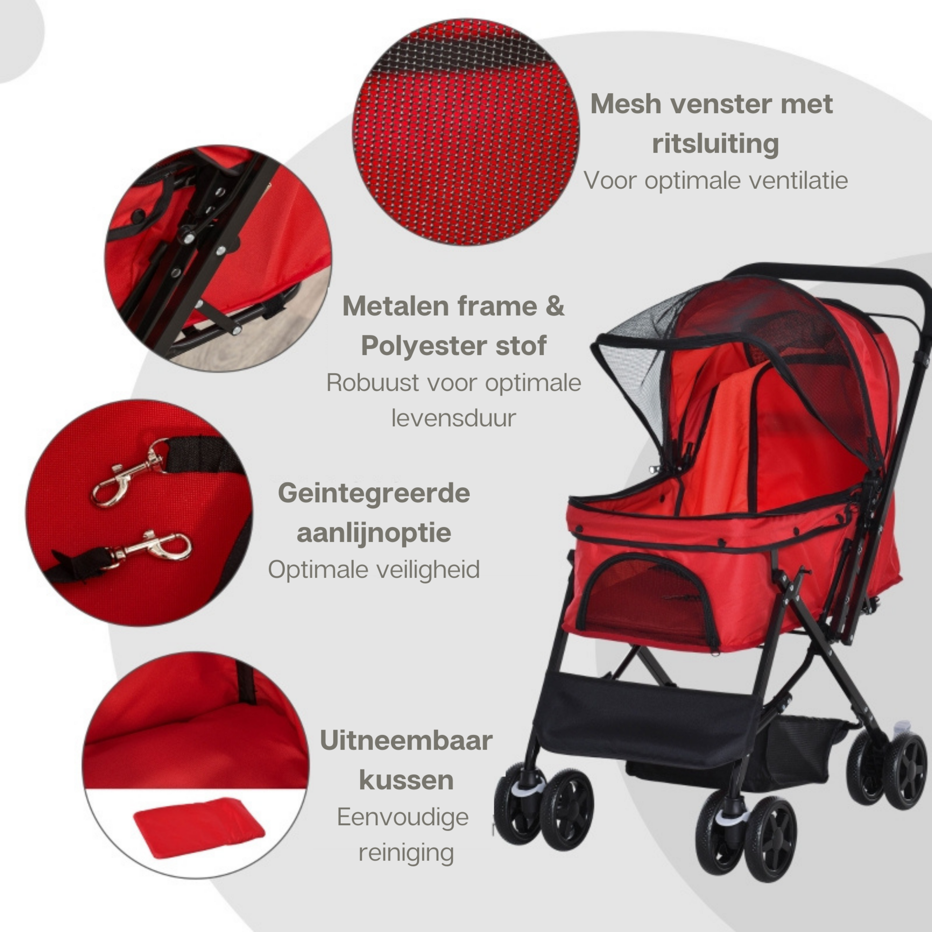 Opvouwbare rode hondenbuggy met parkeerrem en handige opbergruimte