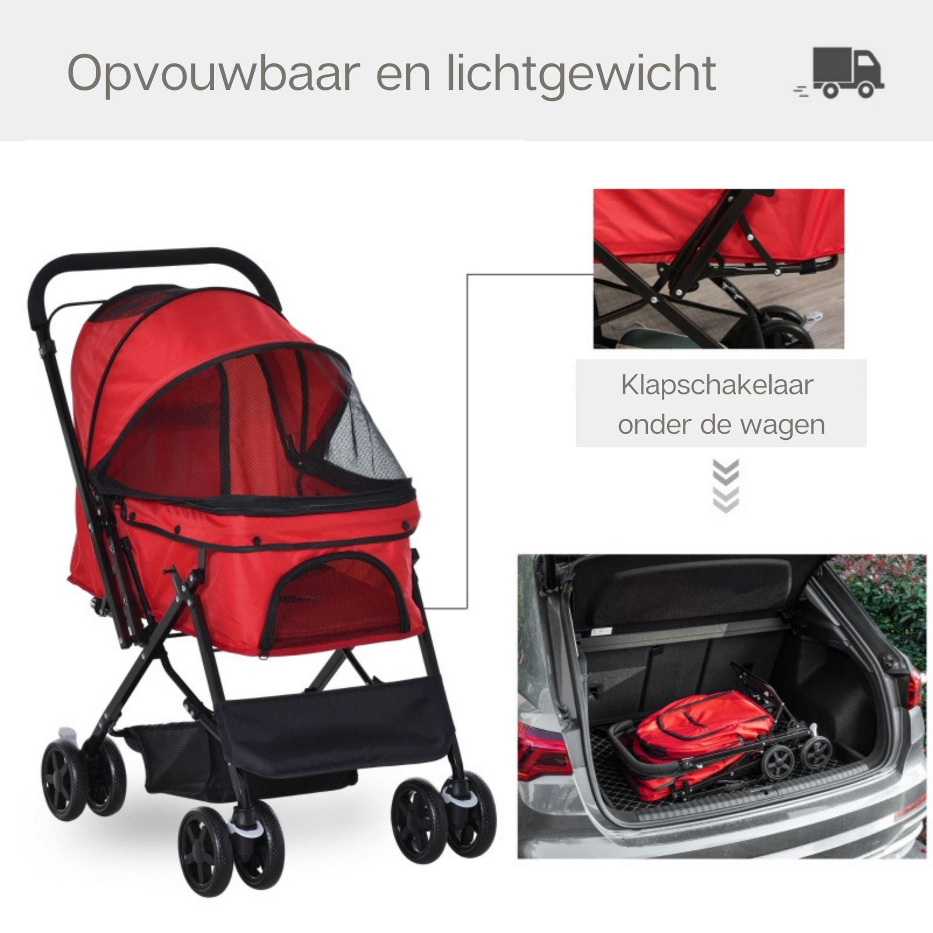 Opvouwbare rode hondenbuggy met parkeerrem en handige opbergruimte