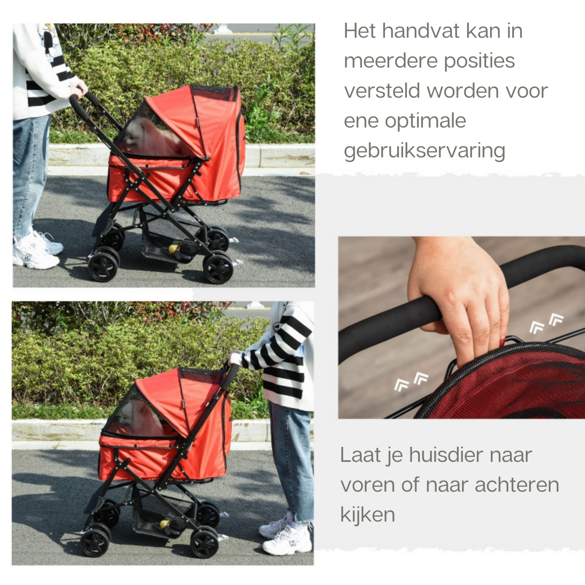 Opvouwbare rode hondenbuggy met parkeerrem en handige opbergruimte