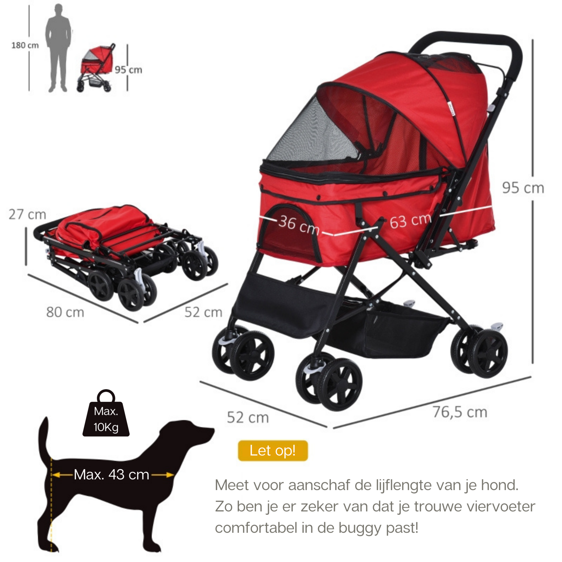 Opvouwbare rode hondenbuggy met parkeerrem en handige opbergruimte