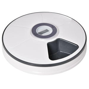 Automatische voerbak wit met timer en display voor 6 maaltijden met compacte, ronde vorm en instelbare porties