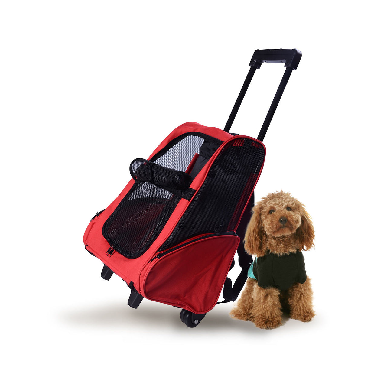 Honden reismand rugzak met wielen in rood en zwart voor gemakkelijk vervoer