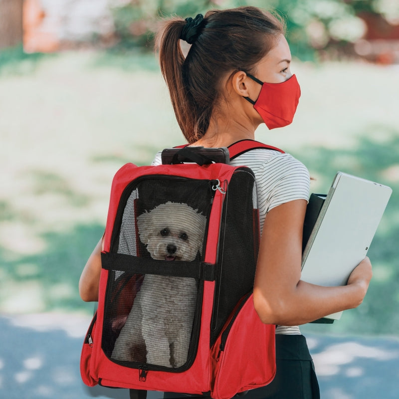 Honden reismand rugzak met wielen in rood en zwart voor gemakkelijk vervoer