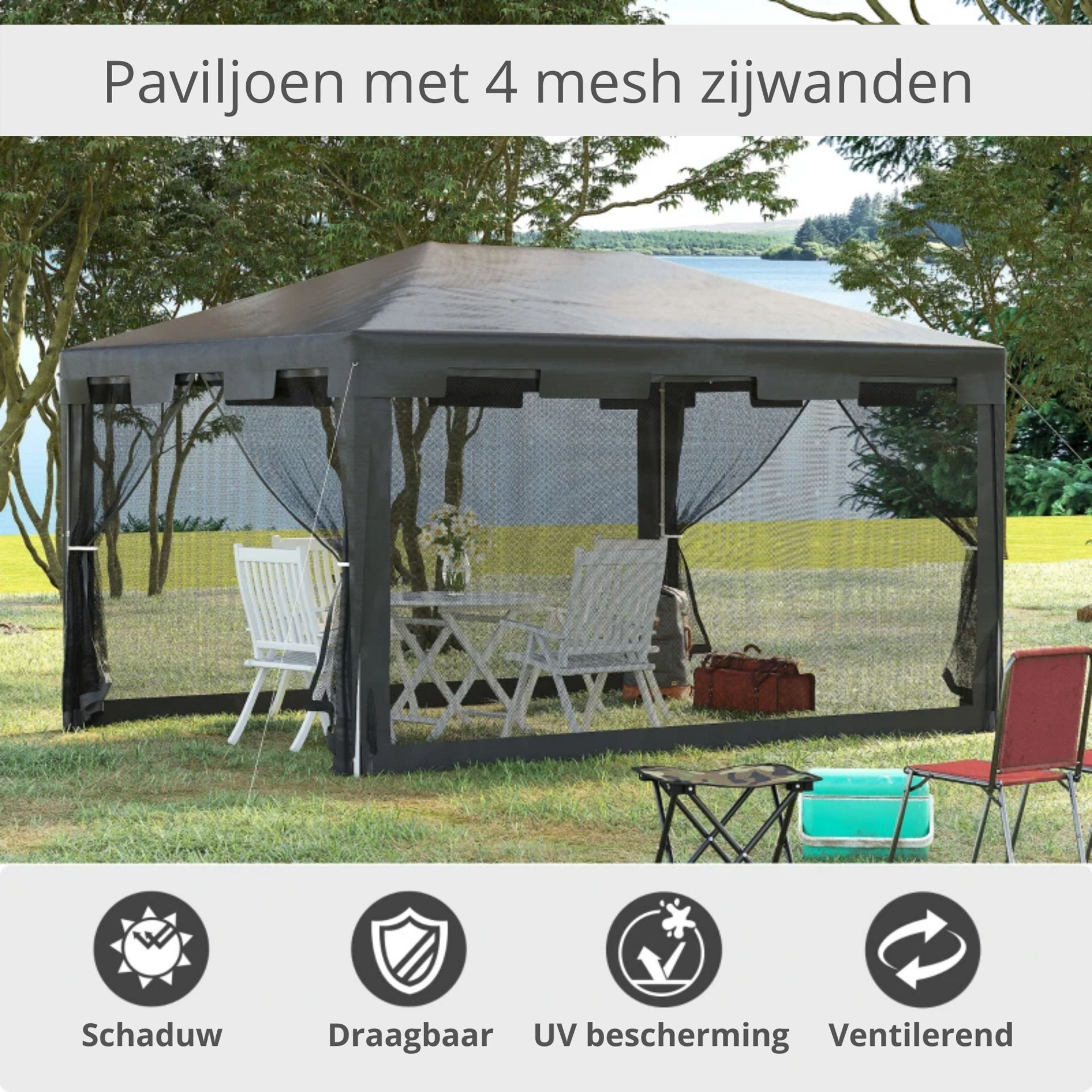 Tuinpaviljoen partytent zwart 3×4 m – met 4 mesh zijwanden en stevig frame