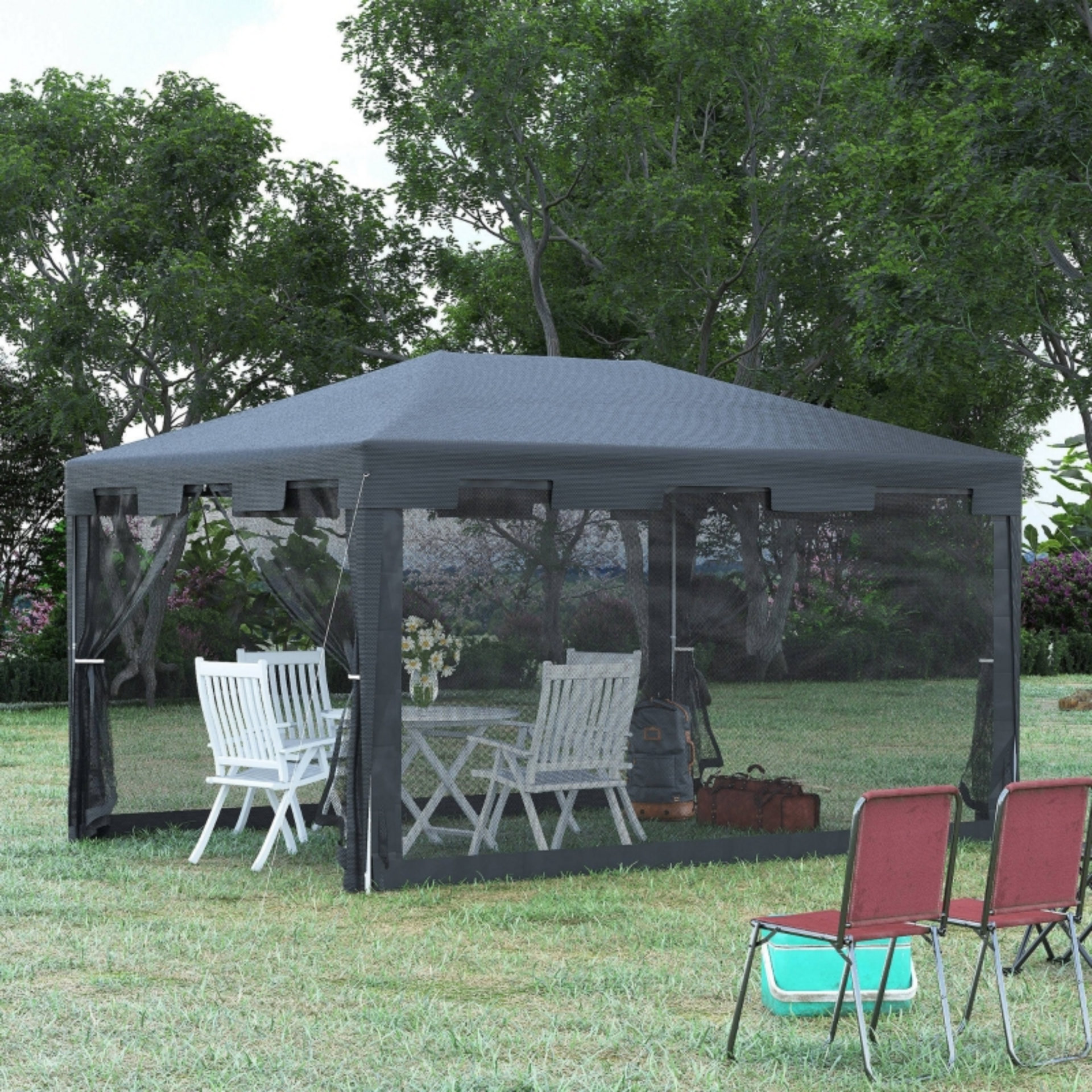 Tuinpaviljoen partytent zwart 3×4 m – met 4 mesh zijwanden en stevig frame