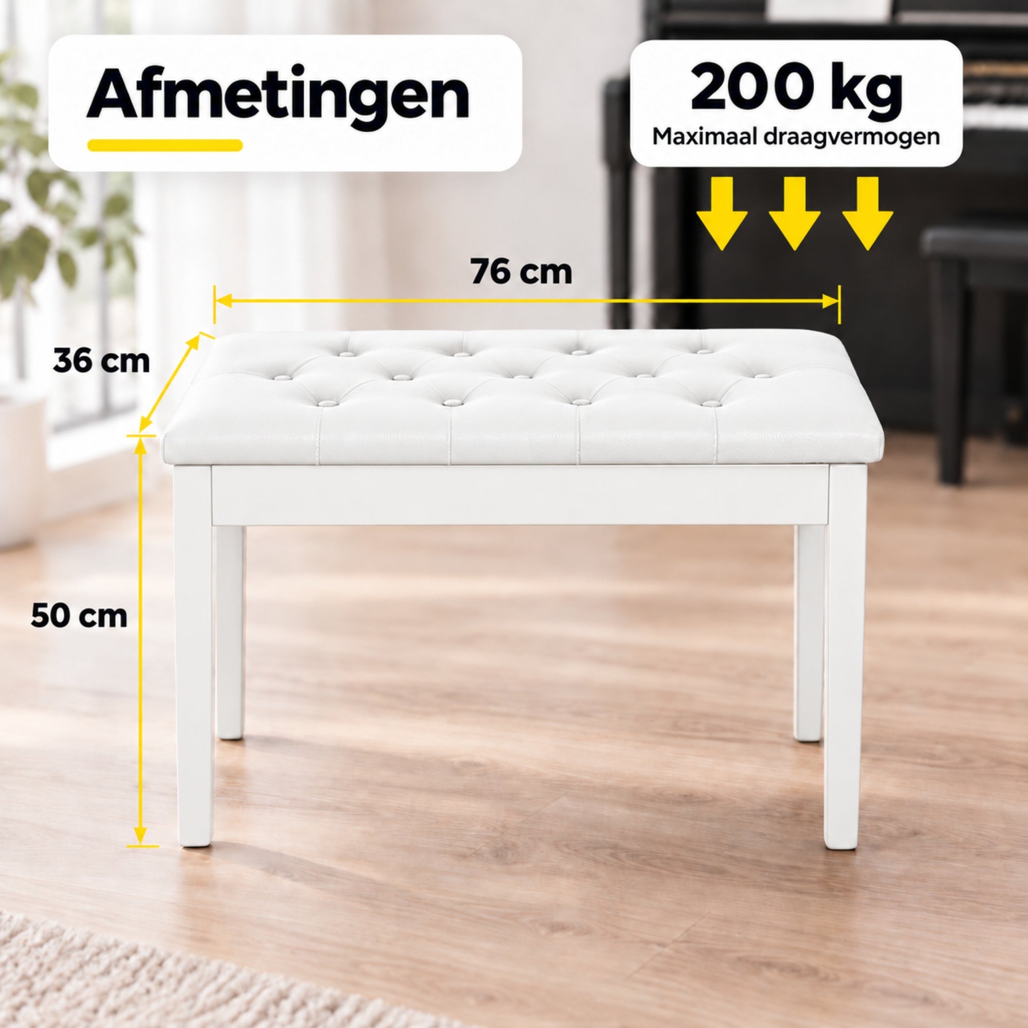 Klassieke witte pianokruk met opbergruimte – stijlvol en praktisch met zachte gewatteerde zitting en stevig houten onderstel
