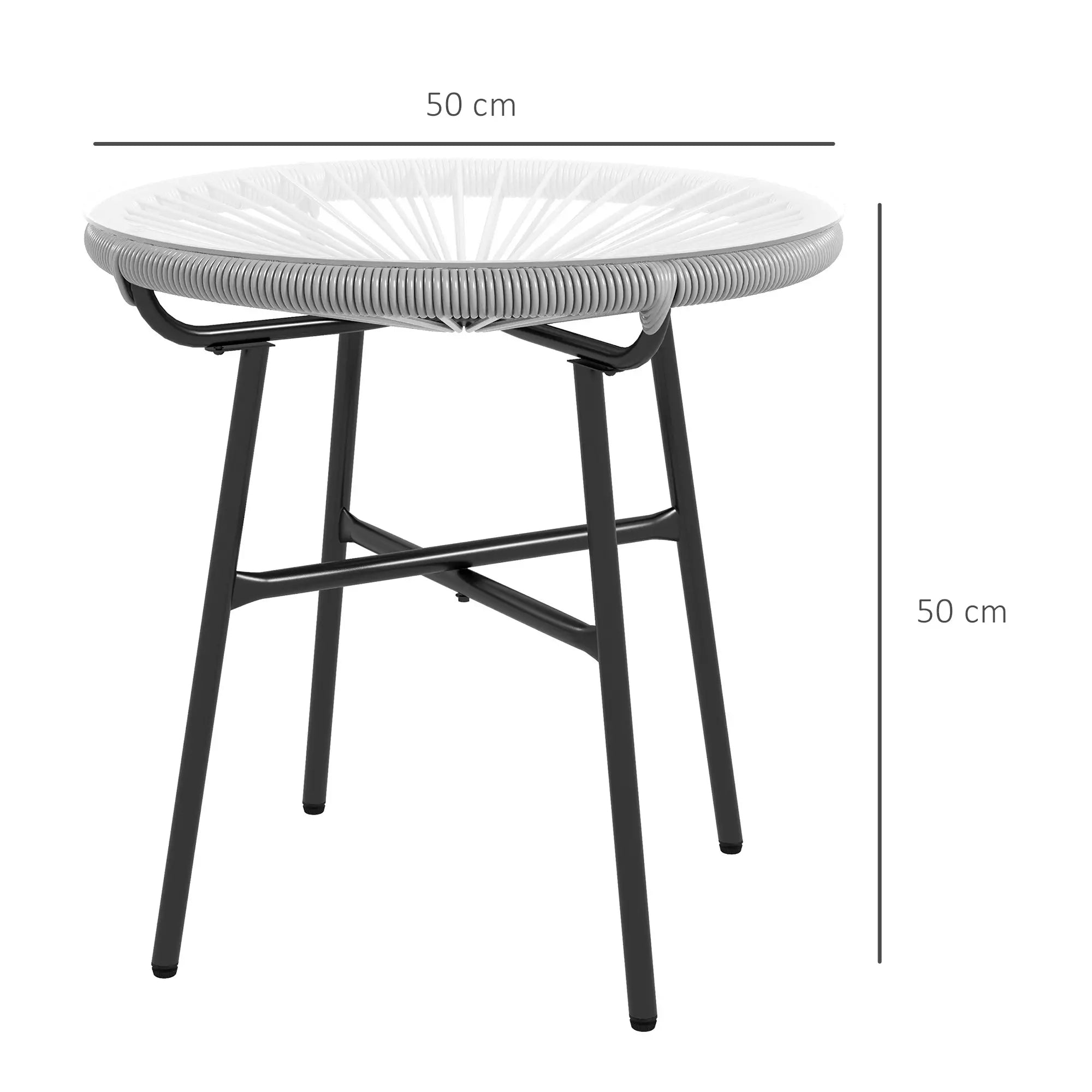 Ronde boho tuintafel grijs – 50×50×50 cm bijzettafel voor buiten met grijze rotanlook en stevig zwart metalen frame, ideaal voor tuin en terras.