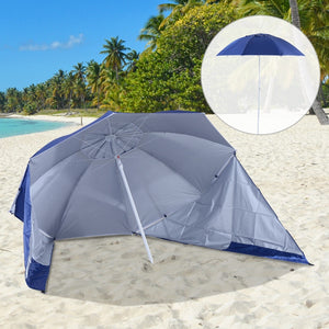 Blauwe strandparasol 210x222 cm met zonnescherm voor schaduw en comfort inclusief praktische zijdelen voor strandgebruik