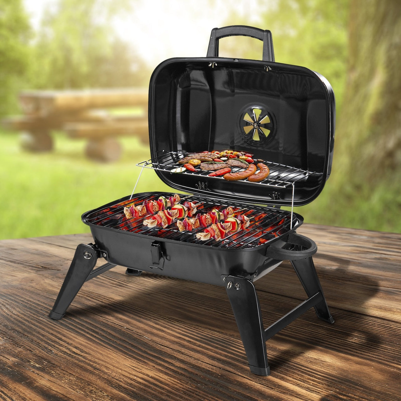 Draagbare houtskool barbecue zwart – compact tafel bbq voor buitengebruik | Zenzee