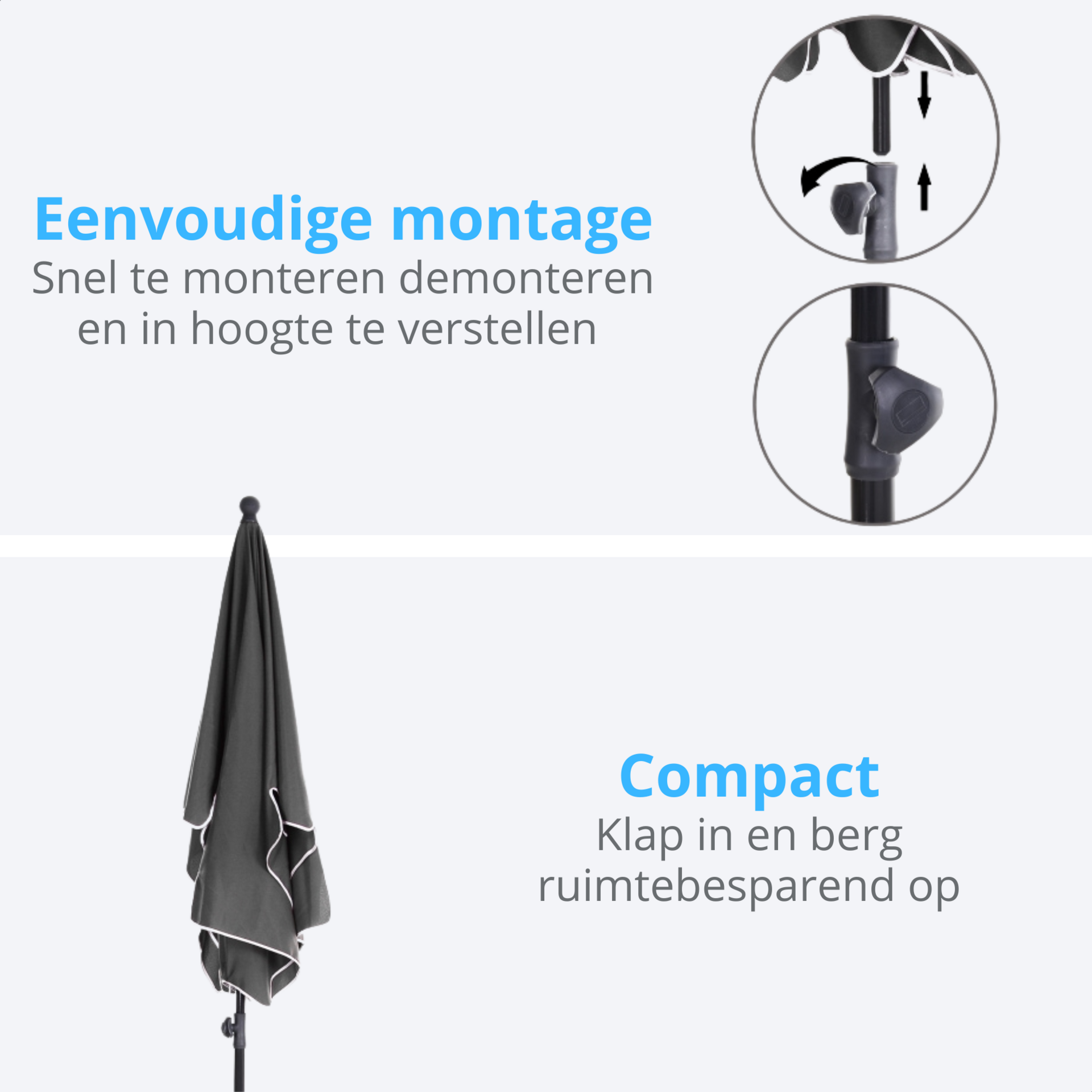 Grijze balkonparasol 200x125 cm met knikfunctie – eenvoudig te monteren en compact op te bergen voor optimale zonwering