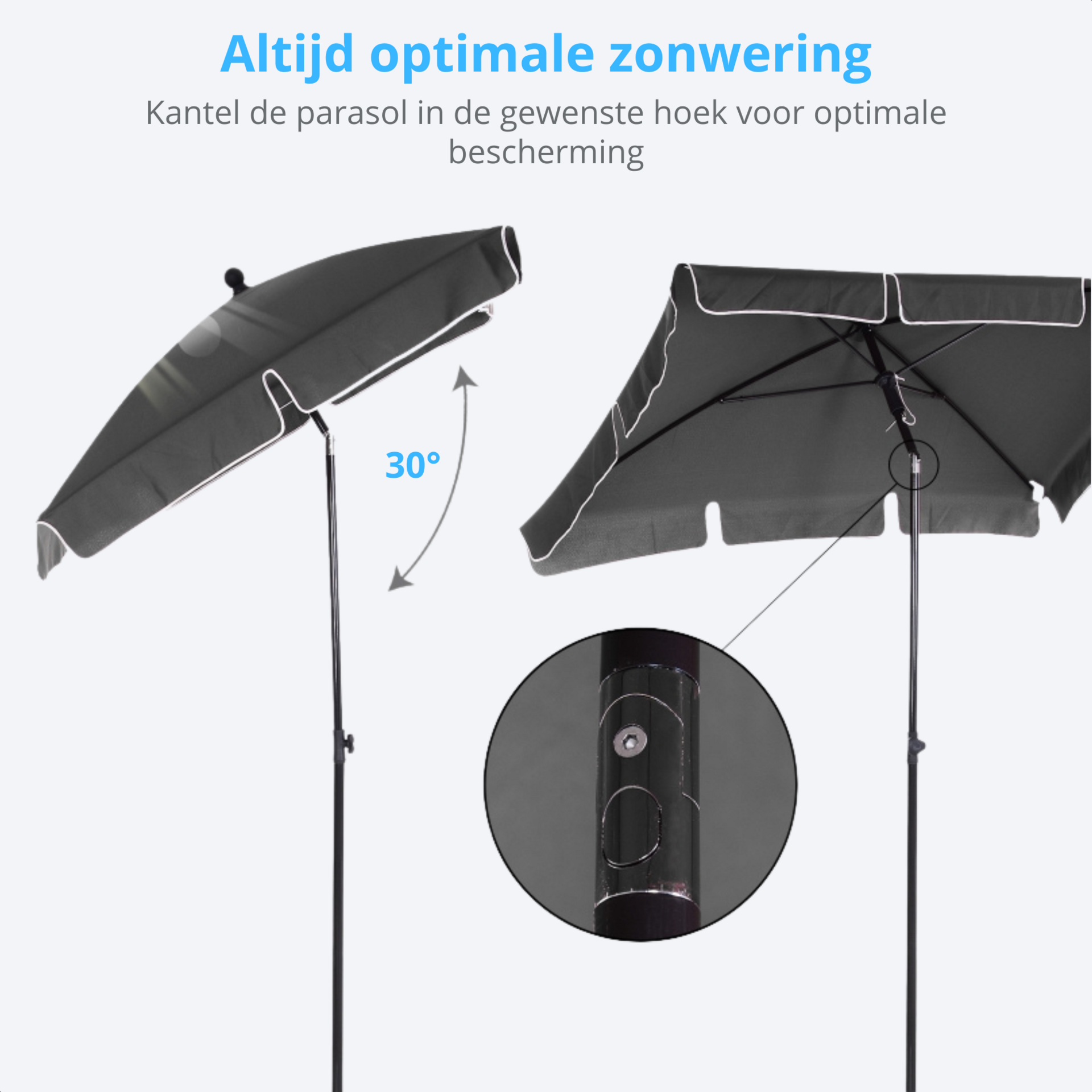 Grijze balkonparasol 200x125 cm met knikfunctie voor optimale zonwering en verstelbare hoek tot 30 graden