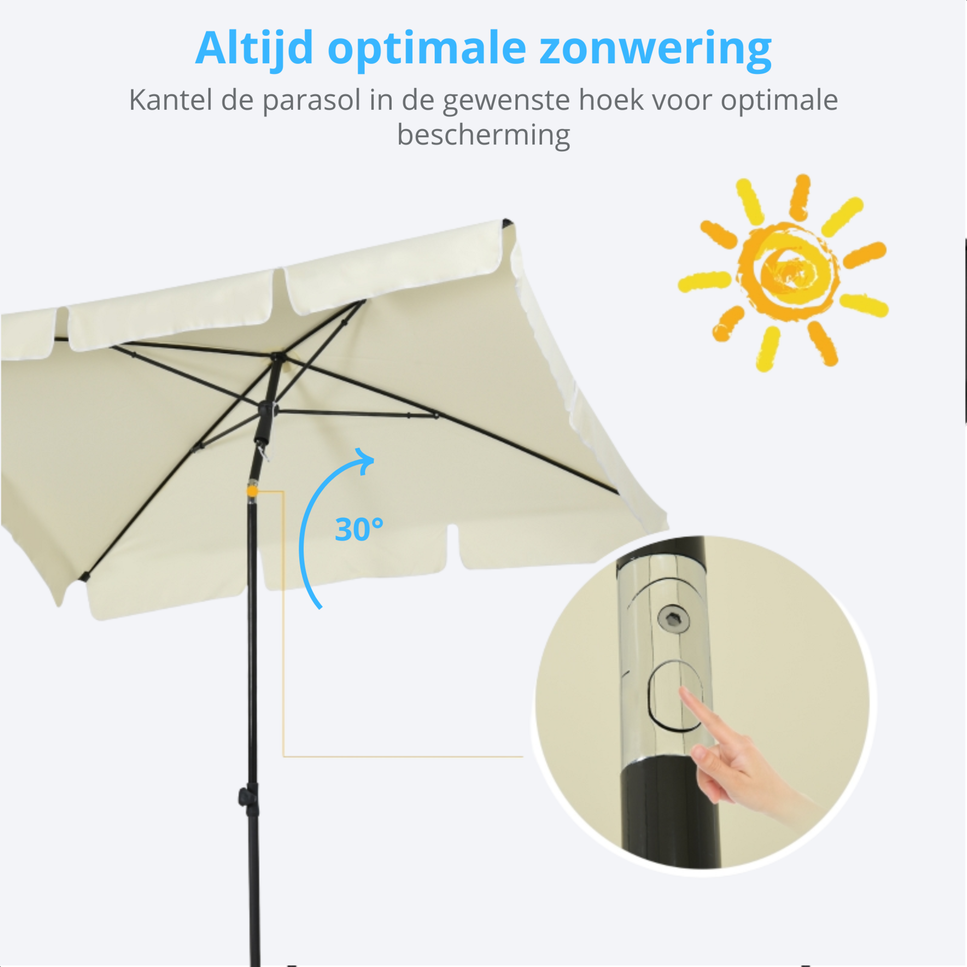 Rechthoekige balkonparasol met knikfunctie in cremewit 200x125