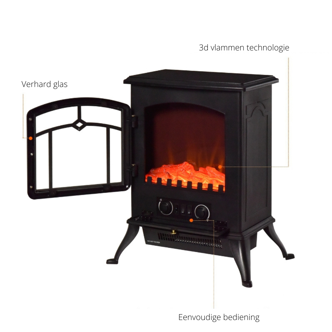 Vrijstaande elektrische sfeerhaard 1850W – Zwart met klassiek design