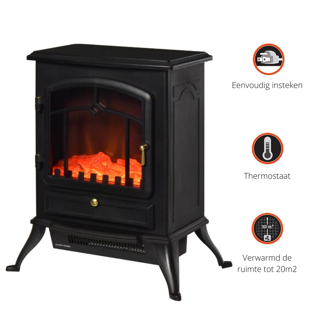 Vrijstaande elektrische sfeerhaard 1850W – Zwart met klassiek design