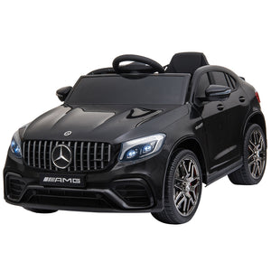 Zwarte elektrische kinderauto AMG – met afstandsbediening en realistisch vlameffect, strak design en LED koplampen zichtbaar vanaf voren