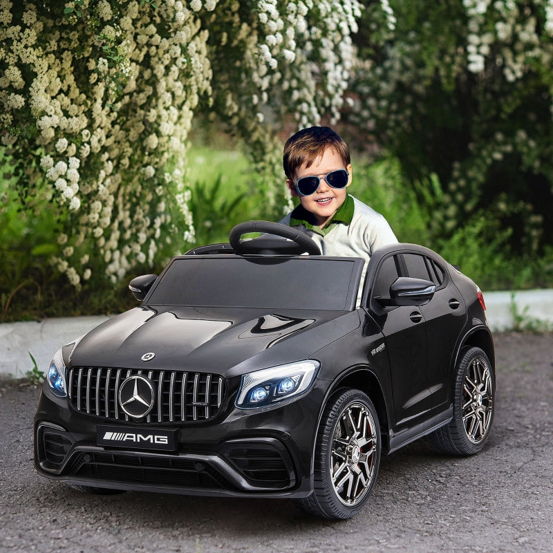 Zwarte elektrische kinderauto AMG – met afstandsbediening en realistisch vlameffect