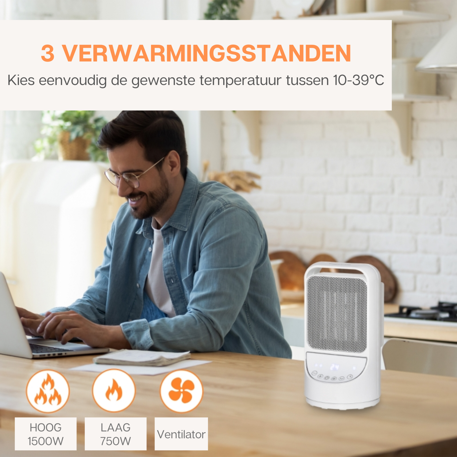 Keramische kachel 1500W wit zwart – met afstandsbediening en Regelbare thermostaat