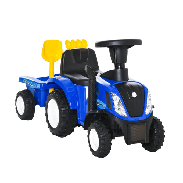 Blauwe tractor loopwagen met aanhanger – inclusief claxon en speelgoedaccessoires