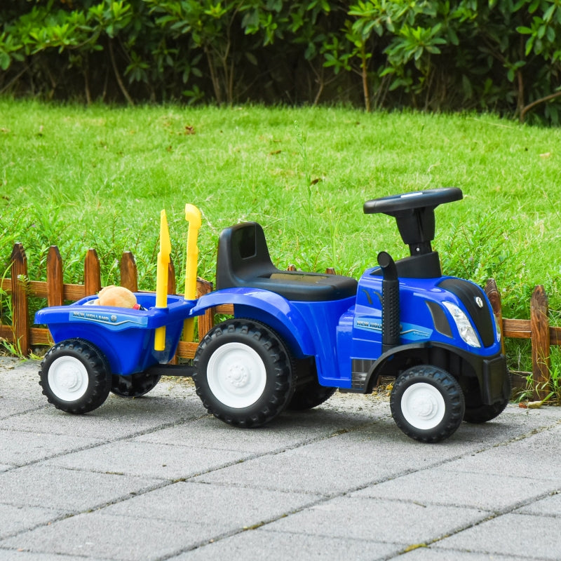 Blauwe tractor loopwagen met aanhanger – inclusief claxon en speelgoedaccessoires