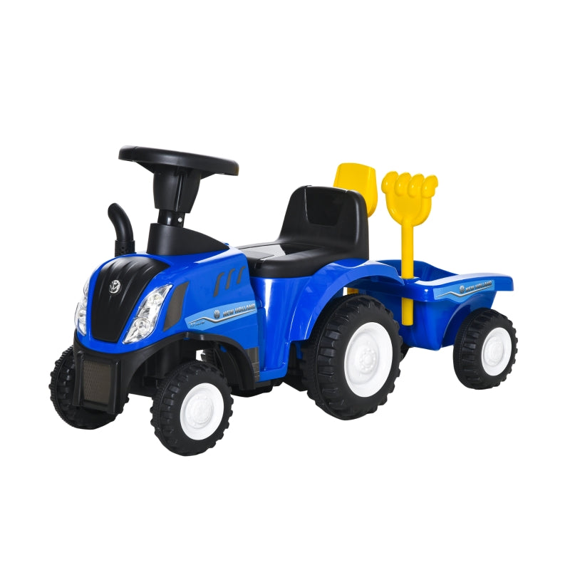 Blauwe tractor loopwagen met aanhanger – inclusief claxon en speelgoedaccessoires
