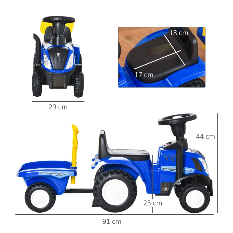 Blauwe tractor loopwagen met aanhanger – inclusief claxon en speelgoedaccessoires
