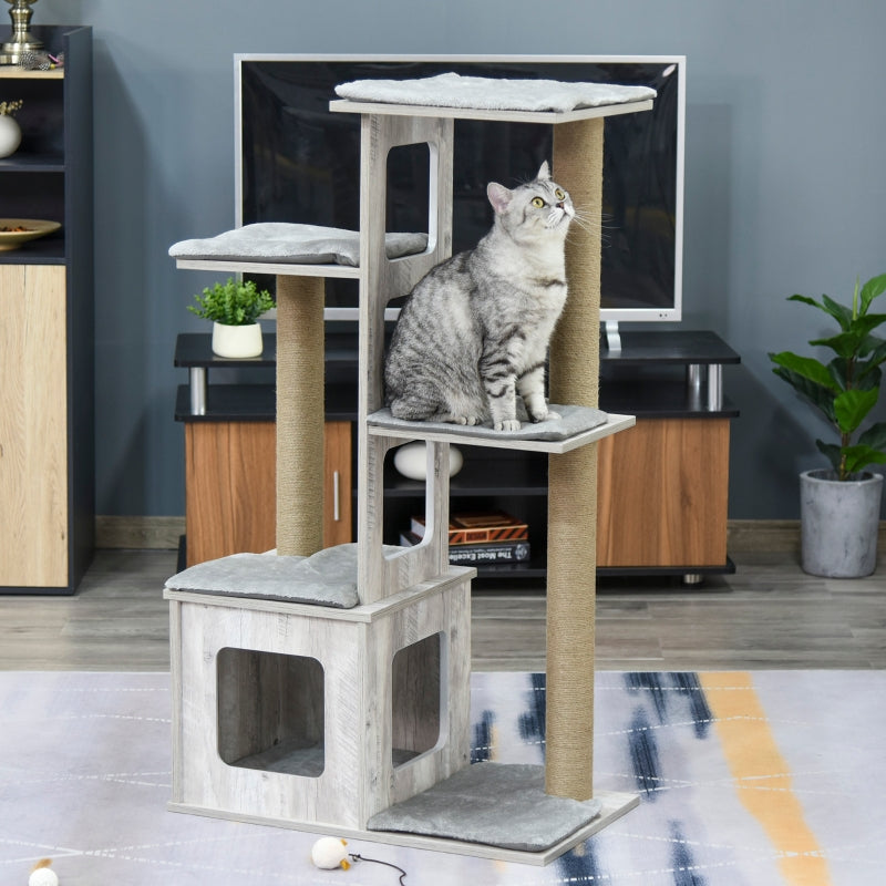 Grijze krabpaal met kattenhuis – 67×38,5×114 cm, sisalpalen en meerdere verdiepingen