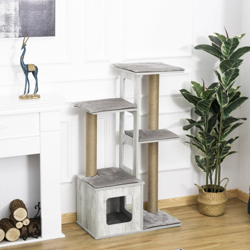 Grijze krabpaal met kattenhuis – 67×38,5×114 cm, sisalpalen en meerdere verdiepingen