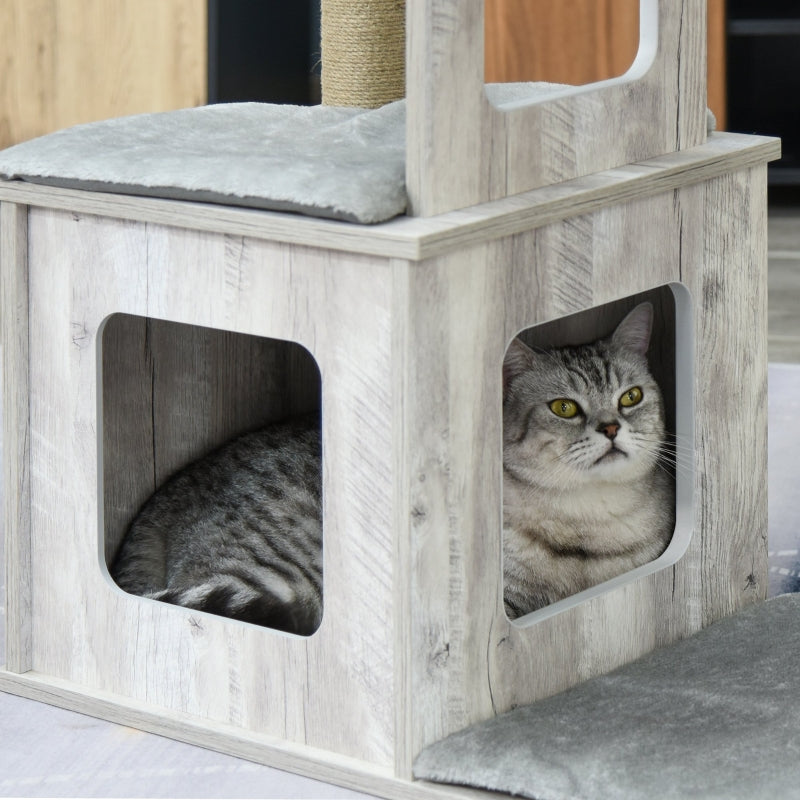 Grijze krabpaal met kattenhuis – 67×38,5×114 cm, sisalpalen en meerdere verdiepingen