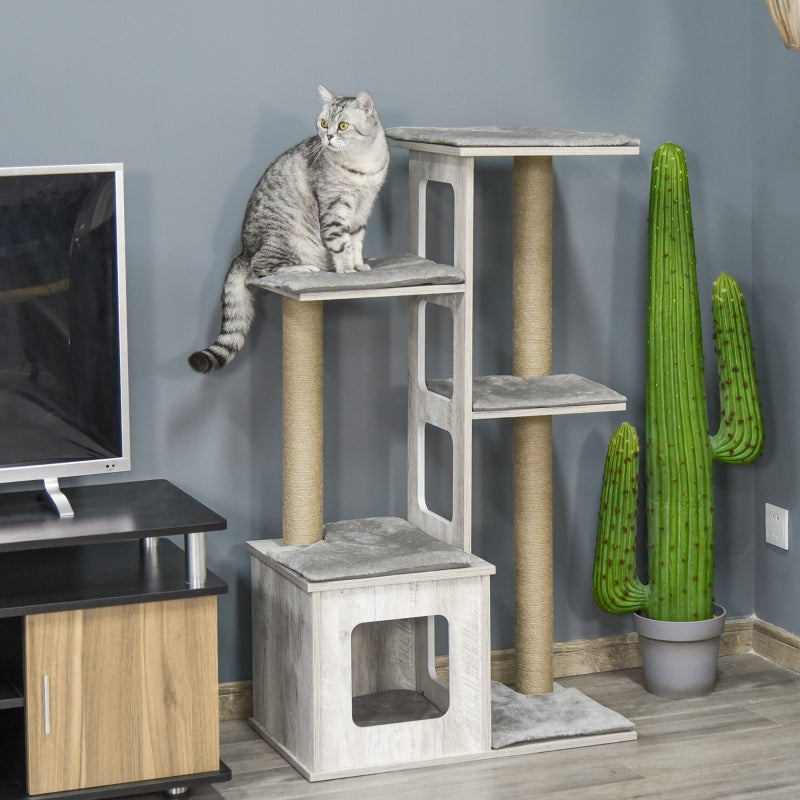 Grijze krabpaal met kattenhuis – 67×38,5×114 cm, sisalpalen en meerdere verdiepingen