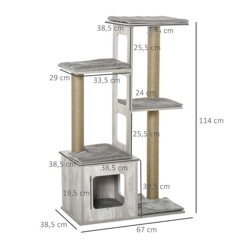 Grijze krabpaal met kattenhuis – 67×38,5×114 cm, sisalpalen en meerdere verdiepingen